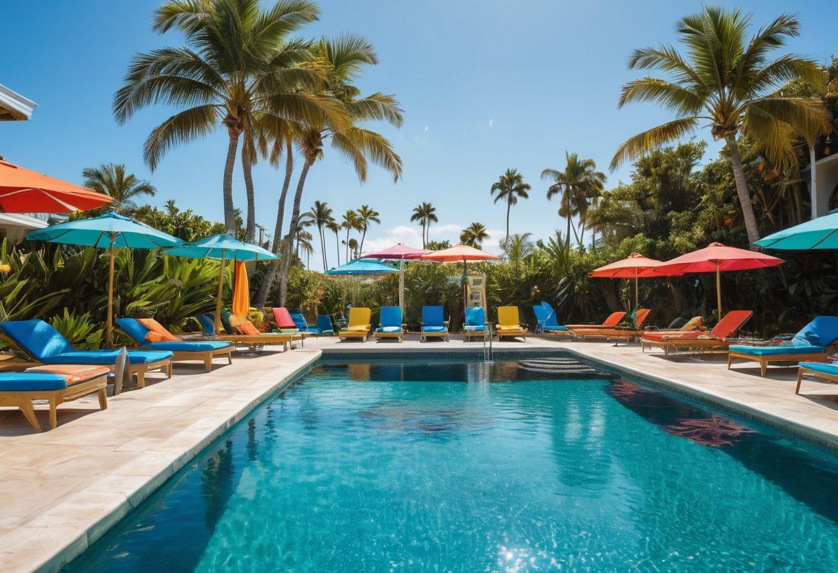 A vibrant scene showcasing a stylish swimmer leaping off a diving board into a sparkling blue pool, surrounded by colorful swimwear and water sports gear. In the background, sunbathers lounge on chic beach chairs, while a fashion-forward lifeguard watches over the fun. Splashes of water catch the sunlight, creating a dynamic and energetic atmosphere. Playful tropical elements like palm trees and surfboards enhance the vibe. super-realistic. vibrant colors.