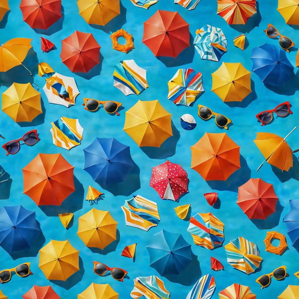 A vibrant beach scene showcasing a variety of trendy swimwear and beachwear on diverse models enjoying the sun and surf. Include colorful beach umbrellas, a sparkling ocean in the background, and fun summer accessories like sunglasses and hats. Capture the essence of summer with bright, warm colors and a lively atmosphere. super-realistic. vibrant colors. sunny beach background.